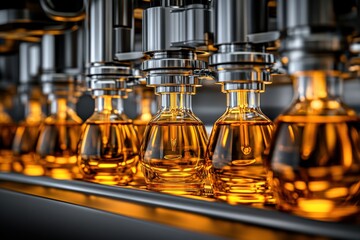 Bottles filled with golden liquid on a production line showcasing modern manufacturing techniques and quality control in beverage production healthy beverage concept