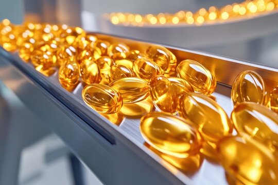 Golden gelatin capsules on a conveyor belt in a pharmaceutical factory showcasing the production process of dietary supplements and healthy living concept