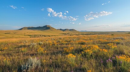 Wildflowers blooming in prairie landscape with distant hills at sunset