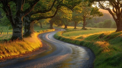 Winding country road at sunset under trees