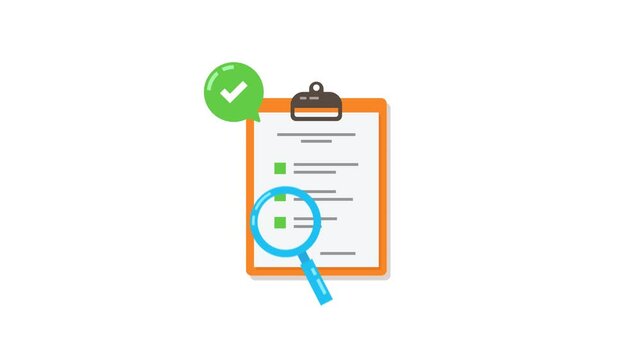 4k Animation of Checklist Clipboard with Tick Mark and Magnifying glass