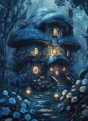 Magical Enchanted Cottage Surrounded by Lush Floral Garden