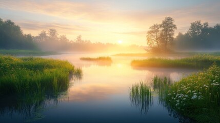 Fototapeta premium Misty Sunrise Over Serene River Landscape