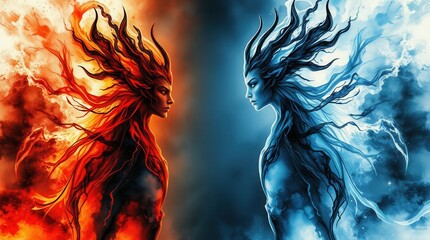 Dualistic entities of contrasting elements - fire and ice, facing each other in a vibrant confrontation.