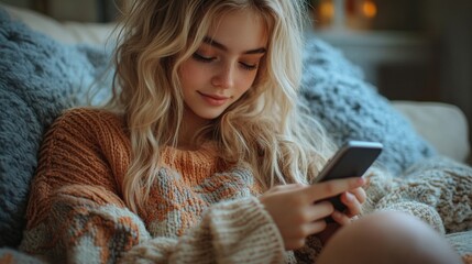 A person sitting on a couch, looking at their cell phone