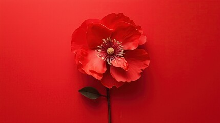 A single elegant red flower stands out against a rich red backdrop, its delicate petals embodying natural beauty and refined simplicity.