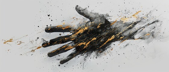 A hand appears to emerge from a grey and gold ink splat, with dynamic strokes and splashes creating a sense of movement and creativity. The background is neutral.
