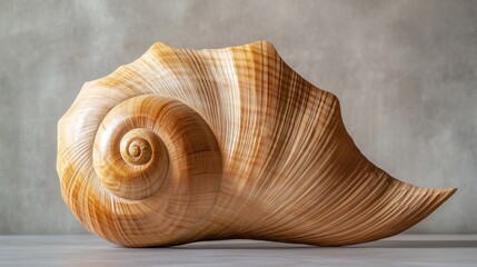 A beautifully carved wooden shell rests against a minimalistic backdrop, highlighting its natural textures and coastal-inspired elegance.