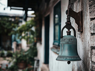 Obraz premium Antique Hanging Bell in a Tranquil Countryside