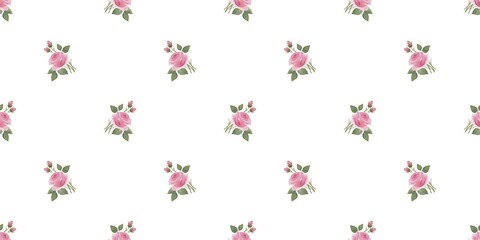 Seamless floral pattern with  a bouquet of pink roses on a white background. Ideal for delicate look, wedding project, birthday, summer dress, children party,  bed linen, gifts, handmade projects