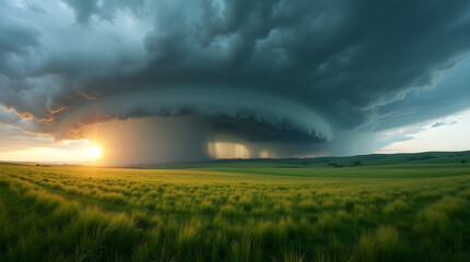 Dramatic Storm Cloud Rain Over Green Field Landscape Golden Hour