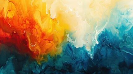 Fototapeta premium This artwork showcases a dynamic interplay of warm hues like orange and red merging with cool blues and whites, creating a captivating abstract expression.