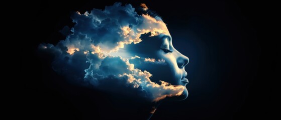 A captivating silhouette of a woman is beautifully integrated with swirling clouds, embodying the essence of dreams and nature during twilight hours.