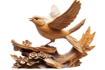 Artistic wooden bird sculpture perched elegantly on a carved branch surrounded by delicate flowers isolated on transparent background