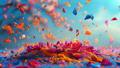 Fototapeta na wymiar Holi Festival of Colors decorated product display podium background, Spring Holi bloom, colorful flower petals and splashes of vibrant powder, blue skies, vibrant Holi festive colors, Hinduism
