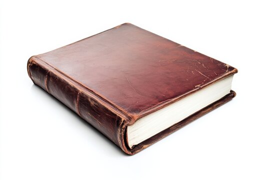 A rustic leather-bound book resting on a clean surface, evoking nostalgia and timelessness isolated on transparent background