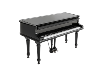 Elegant black grand piano resting on a pristine white floor, inviting graceful melodies at dawn isolated on transparent background