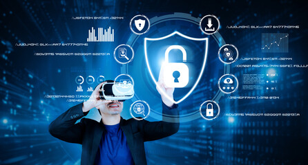 Manager wearing suit and VR glasses while accessing in security system. Business man connecting with global network and verify identity. Artificial intelligence. Technology innovation. Ingenuity.