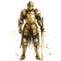 Obraz premium Golden knight stands proudly in ornate armor, ready for battle in a mythical realm filled with adventure. Generative AI
