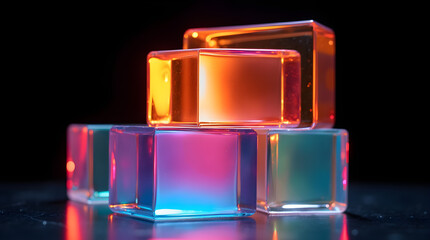 Colorful Glowing Translucent Cubes Stacked Reflective Dark Background
