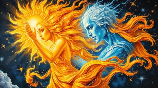 Celestial beings of fire and ice dance in the cosmos, embodying duality and ethereal beauty.