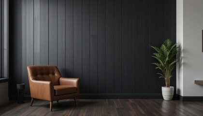 Living Room Interior Wall Mockup in Dark Tones with Leather Armchair Against Black Wooden Wall Background