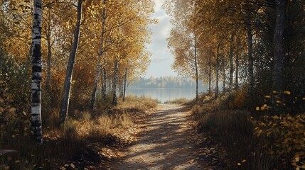 Fototapeta premium Autumn path leading to a lake with trees showing fall colors and leaves on the ground