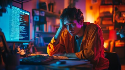 Obraz premium A tired programmer sits at a desk battling late night coding challenges. The glow of screens surrounds him. Creativity meets struggle in his workspace. Generative AI