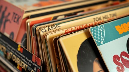 Vintage vinyl record collection showcasing colorful album covers and a nostalgic glimpse into music history.