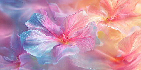 Fototapeta premium Abstract floral background with blurred pastel-colored flowers, light and airy, soft focus, dreamy atmosphere. Beautiful nature spring summer background for cosmetics, spa, perfume, beauty salon, flor