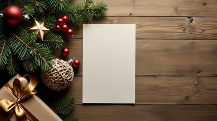 Fototapeta premium Greeting card christmas mockup with fir tree branches on dark wooden background