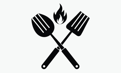 BBQ fork and spatula icon, grill fork and spatula silhouette, barbecue tools vector icon