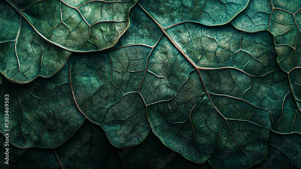 Poster close-up view of dark green textured leaves with intricate veins, showcasing the natural patterns an