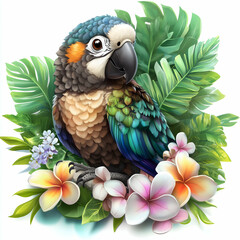 Fototapeta premium Vibrant parrot perched amidst lush tropical foliage and colorful blossoms in a serene natural setting. Generative AI