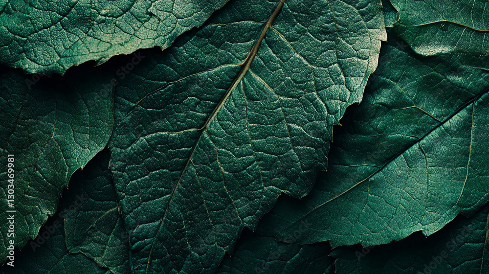 Poster close-up view of textured green leaves with intricate veins and surface details, showcasing the natu