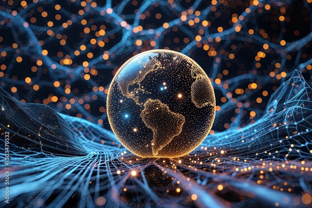 Wall mural digital abstraction of technology particles in dynamic mesh background design