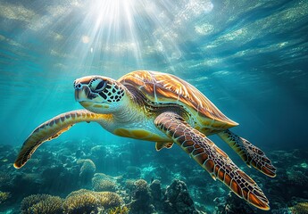 Fototapeta premium Graceful Green Sea Turtle Swimming in Vibrant Coral Reef with Sunlight Radiating Through the Ocean Surface