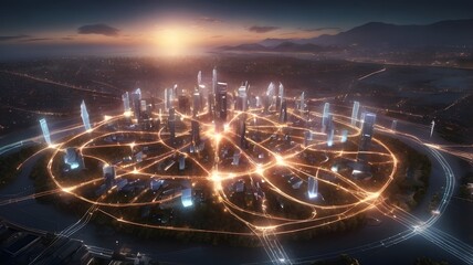 Fototapeta premium Futuristic Cityscape with Smart Technology and Glowing Light Particle Connections