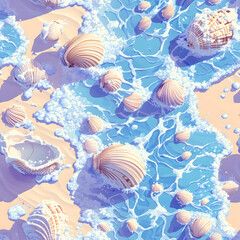 Obraz premium Seashells scattered along the shimmering shoreline in soft sunlight. Seamless pattern. Generative AI