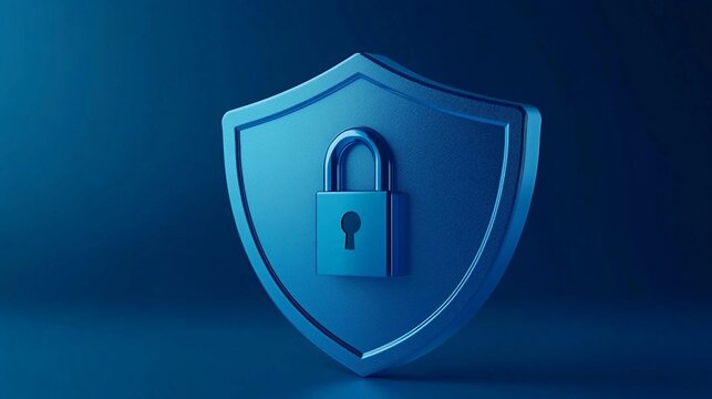 A blue digital shield with a padlock in the center, with gradient digital background with copy space, conveying confidentiality and protection of classified data information
