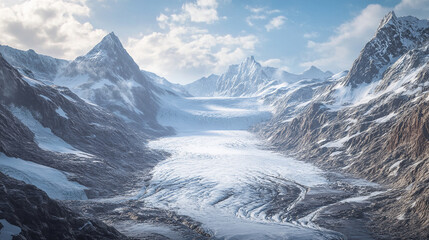 Obraz premium Aerial view of a vast glacier flowing through rugged mountain terrain, surrounded by towering snow-capped peaks, showcasing the power and beauty of nature in a remote winter landscape