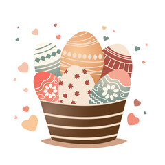 six colorful easter eggs in big brown bowl with gradien effect. vector easter with group of six colorful eggs