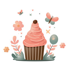 one isolated chocolate easter cupcake with pink cream and butterflies around in gradient effect. vector easter with chocolate brownie