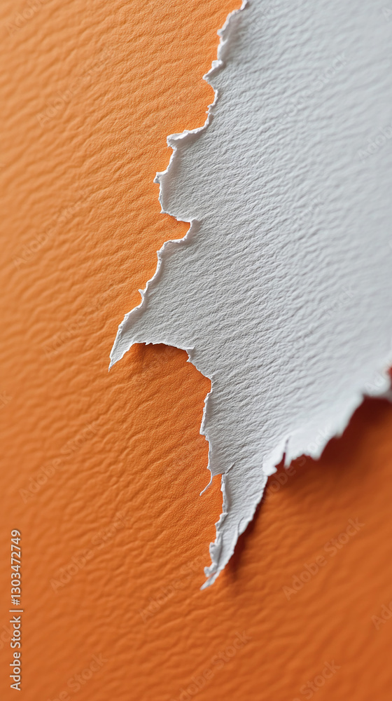Aufkleber close-up image of torn white paper against an orange textured background, showcasing the contrast be