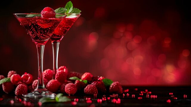 video of Martini with raspberries on the red background