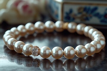 A close-up of a pearl bracelet with a diamond clasp sitting on a table
