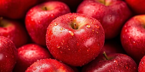 close up of red apple with water drops, bokeh background, detailed texture and close-up view of the fruit surface