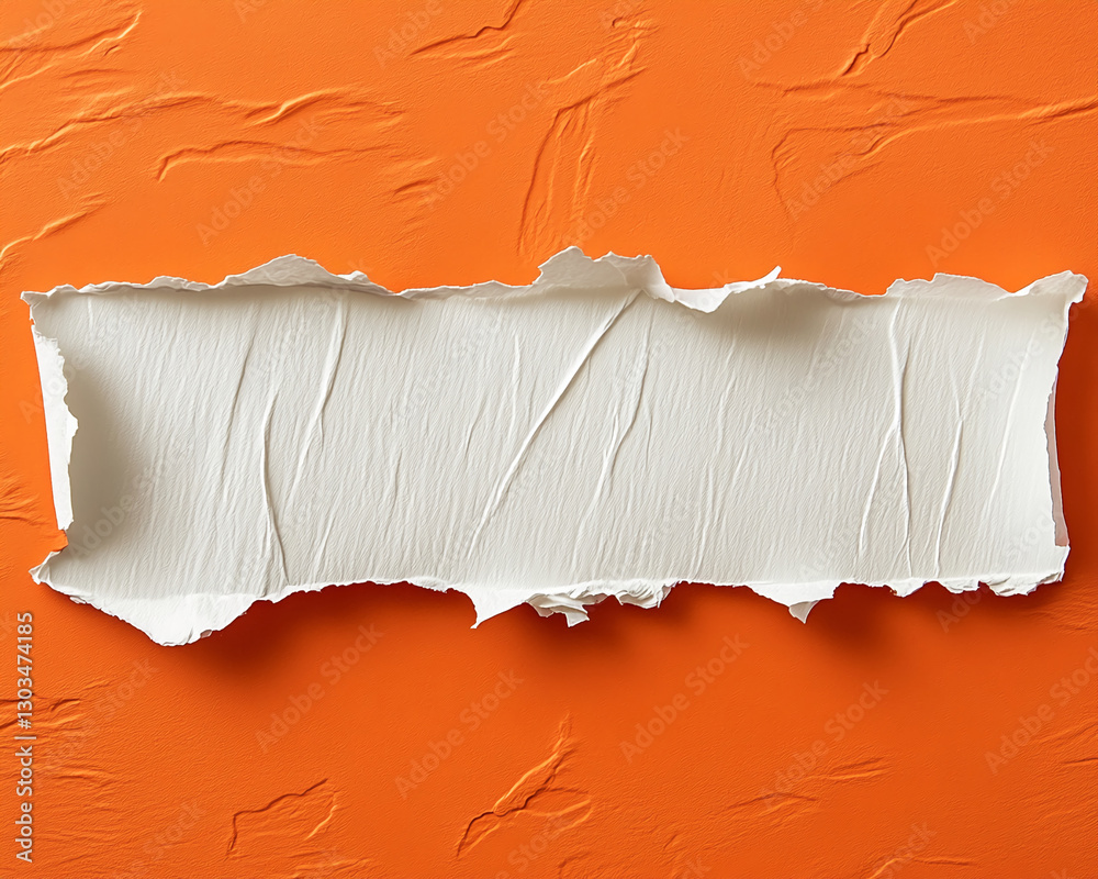 Poster Torn white paper with rough edges on an orange background, creating a blank space for text or design, symbolizing creativity and space for message placement.