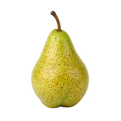 Fresh ripe pear with greenish yellow skin delicate speckles and a small brown stem Isolated on white A symbol of freshness and healthy eating