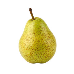 Fresh ripe pear with greenish yellow skin delicate speckles and a small brown stem Isolated on white A symbol of freshness and healthy eating